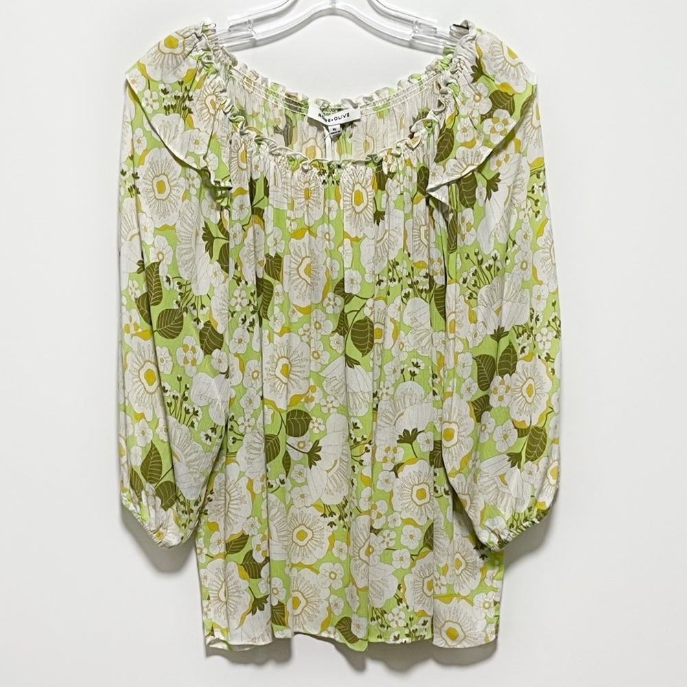 Rose & Olive Green and White Floral Peasant Blouse